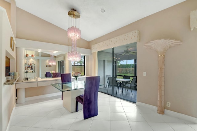 tiled dining room with vaulted ceiling and ceiling fan with notable chandelier