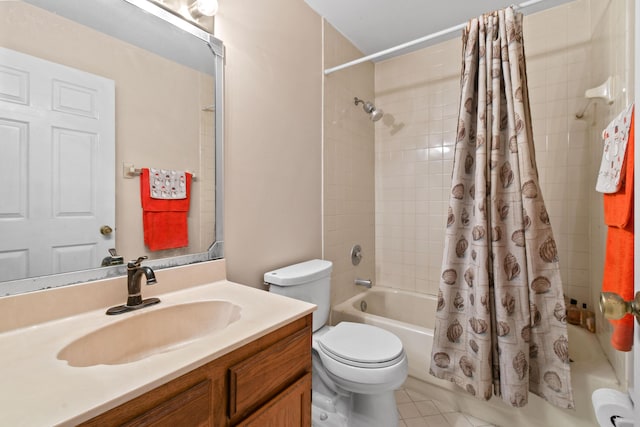 full bathroom featuring vanity, tile patterned flooring, shower / bathtub combination with curtain, and toilet