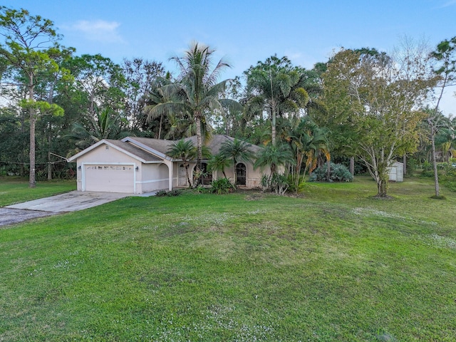 view of front of home featuring a front yard and a garage