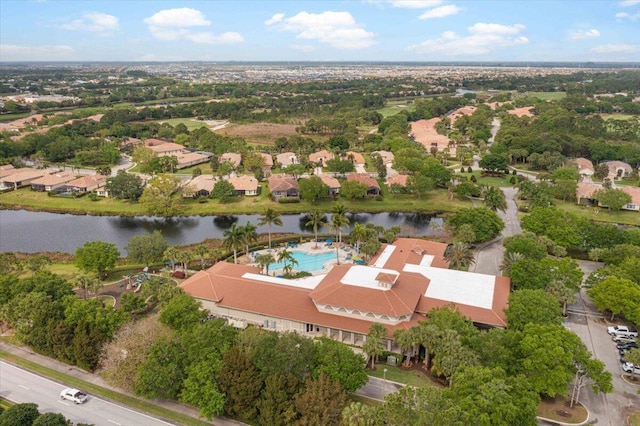 drone / aerial view featuring a water view