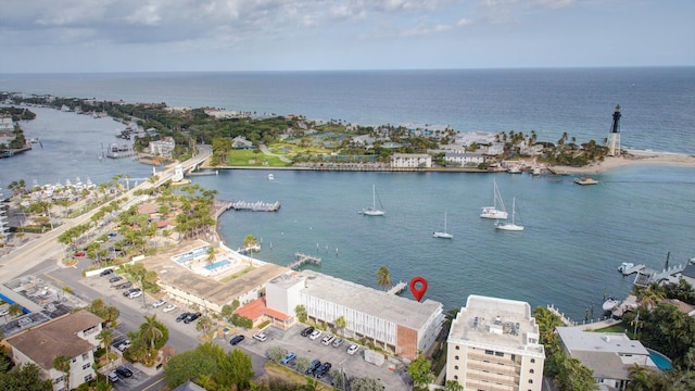 drone / aerial view featuring a water view