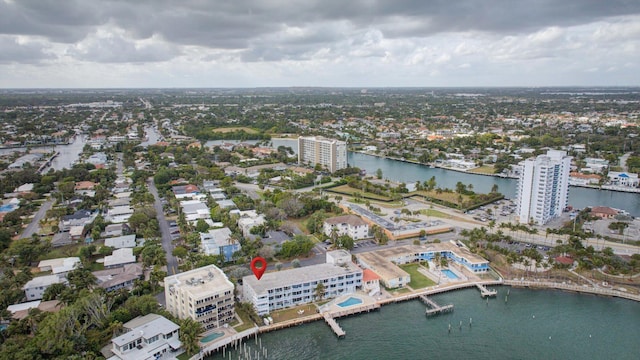 birds eye view of property featuring a water view