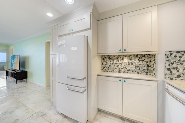 kitchen featuring white cabinetry, crown molding, white appliances, and decorative backsplash