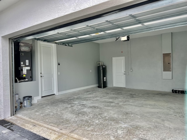 garage featuring heating unit, electric panel, a garage door opener, and water heater