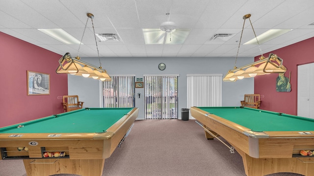 rec room with carpet, a drop ceiling, and pool table