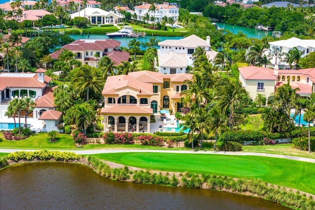 aerial view featuring a water view