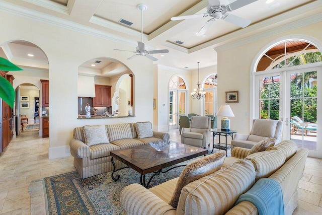 living room featuring coffered ceiling, ornamental molding, beamed ceiling, and french doors