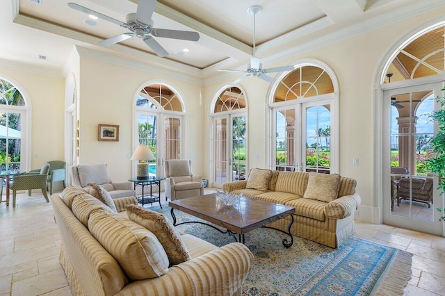 interior space with coffered ceiling, a wealth of natural light, and french doors