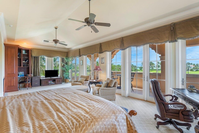 bedroom featuring access to outside, crown molding, vaulted ceiling, ceiling fan, and light colored carpet