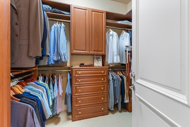 walk in closet with light colored carpet