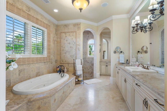 bathroom with vanity, crown molding, a wealth of natural light, and tile walls