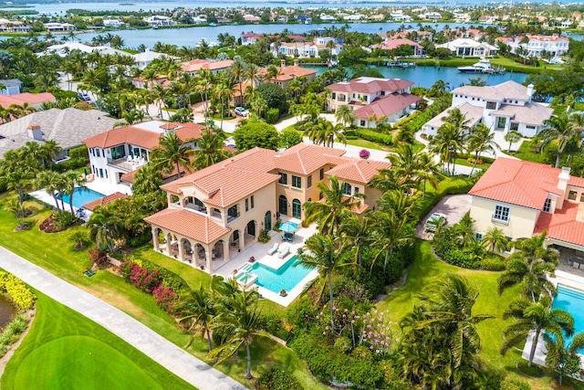 drone / aerial view featuring a water view