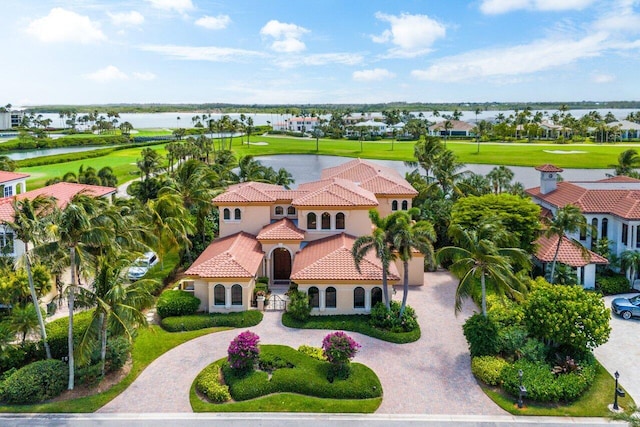 bird's eye view with a water view