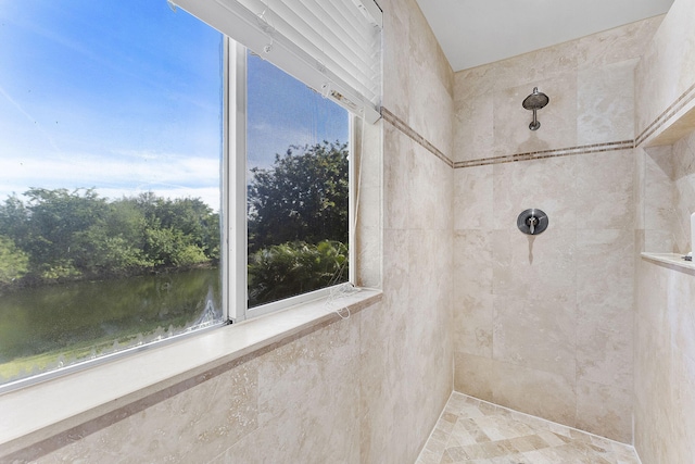 bathroom with a water view and tiled shower