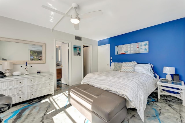 bedroom featuring hardwood / wood-style flooring and ceiling fan