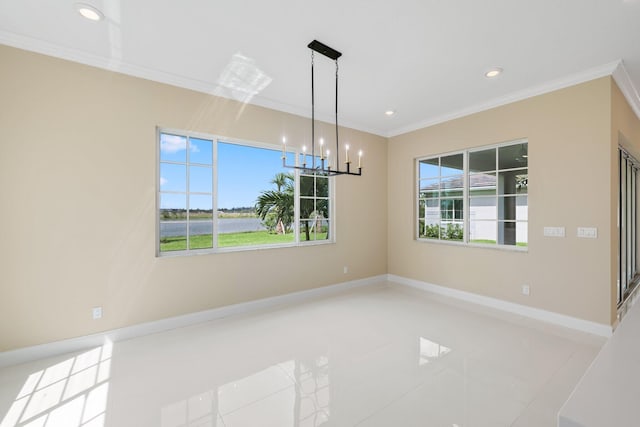 unfurnished dining area with light tile patterned flooring, crown molding, and an inviting chandelier