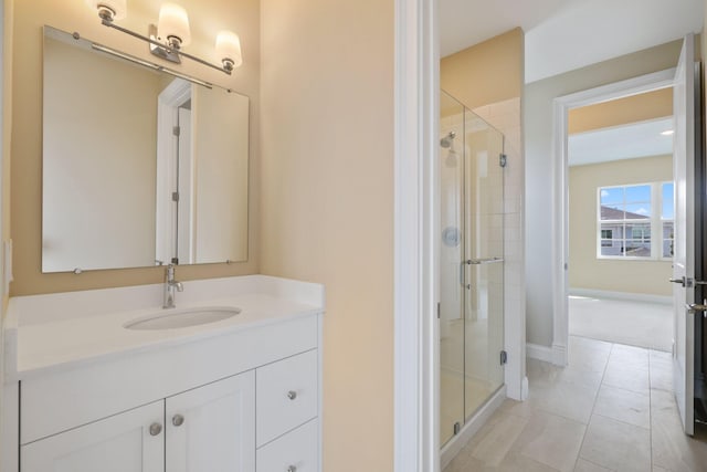 bathroom with tile patterned floors, vanity, and walk in shower