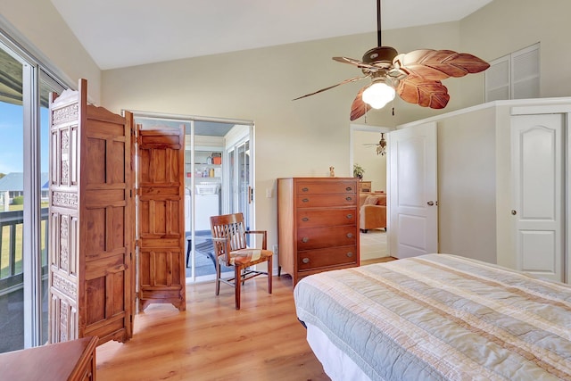 bedroom with access to exterior, ceiling fan, vaulted ceiling, and light wood-type flooring