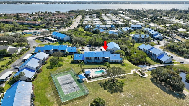 drone / aerial view featuring a water view