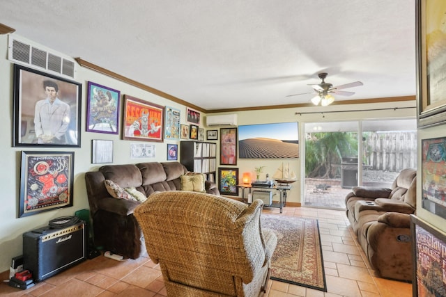 living room featuring ceiling fan, ornamental molding, a textured ceiling, and a wall unit AC