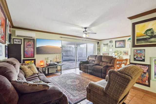 tiled living room with a wall mounted air conditioner, ceiling fan, and ornamental molding