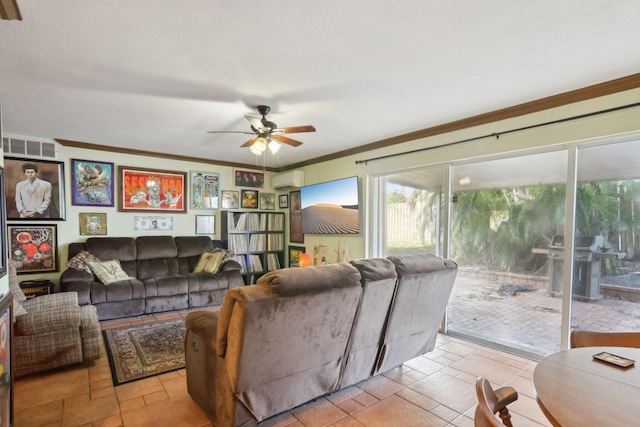 living room featuring ceiling fan and crown molding