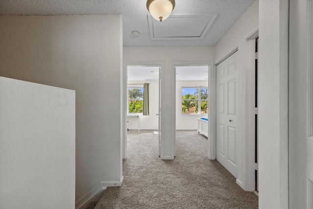 corridor featuring a textured ceiling and light colored carpet