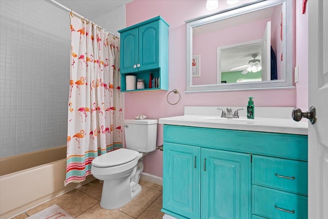 full bathroom with shower / bathtub combination with curtain, toilet, vanity, tile patterned floors, and ceiling fan