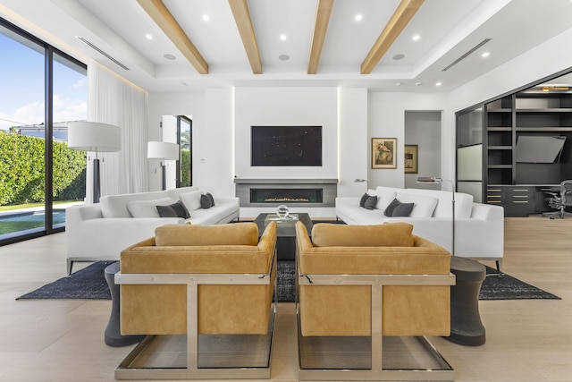 living room with beamed ceiling