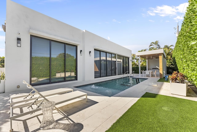 view of swimming pool featuring an outdoor kitchen and a patio