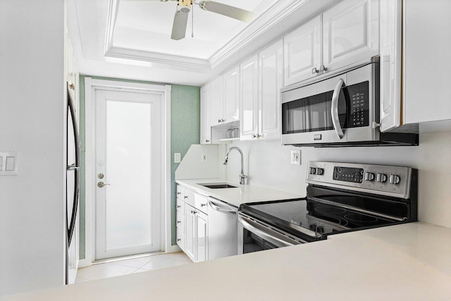 kitchen with white cabinets, sink, ornamental molding, appliances with stainless steel finishes, and a tray ceiling