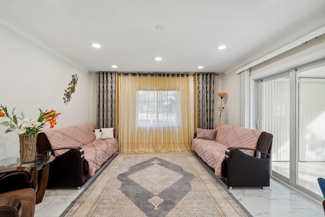 living room with crown molding