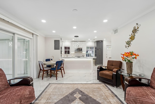 living room featuring sink, crown molding, and electric panel