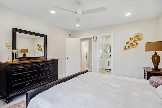 bedroom featuring ensuite bathroom and ceiling fan