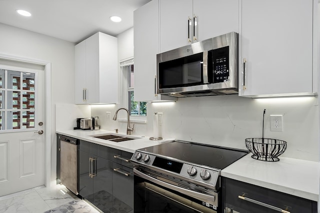 kitchen with white cabinets, decorative backsplash, sink, and appliances with stainless steel finishes