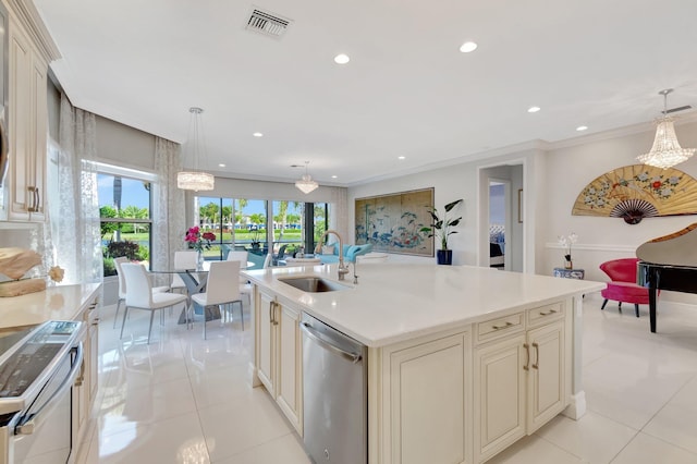 kitchen featuring dishwasher, electric stove, hanging light fixtures, and sink