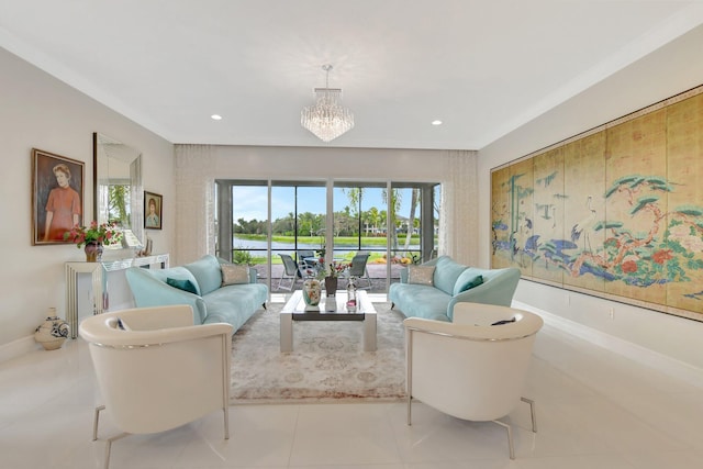 living room with light tile patterned floors and a chandelier