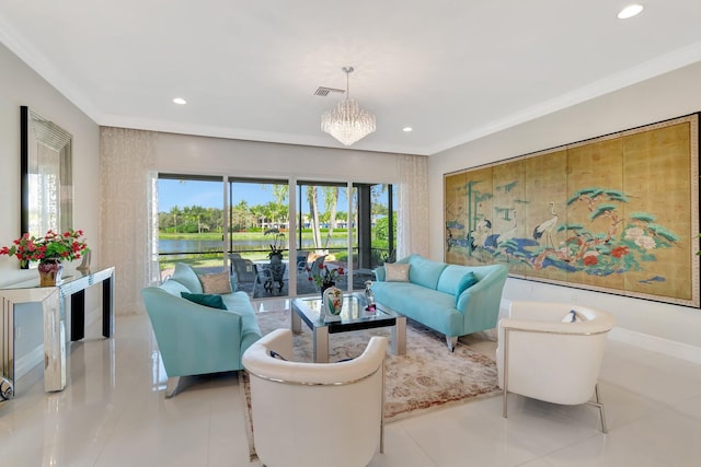 living room featuring a chandelier, light tile patterned floors, a water view, and crown molding