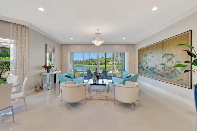 tiled living room with a notable chandelier and ornamental molding