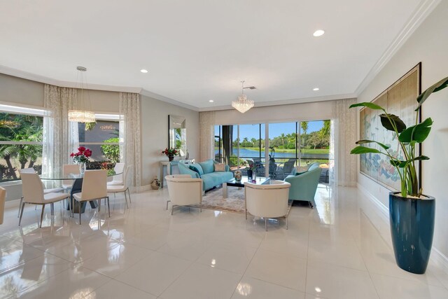 tiled living room featuring a water view, crown molding, and an inviting chandelier