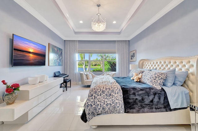 bedroom with a chandelier, ornamental molding, light tile patterned floors, and a tray ceiling