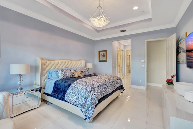 tiled bedroom with a tray ceiling and crown molding