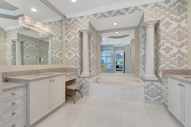 bathroom with vanity, ornamental molding, and ornate columns