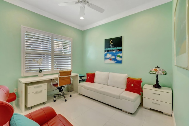 office area featuring light tile patterned floors, ceiling fan, and ornamental molding