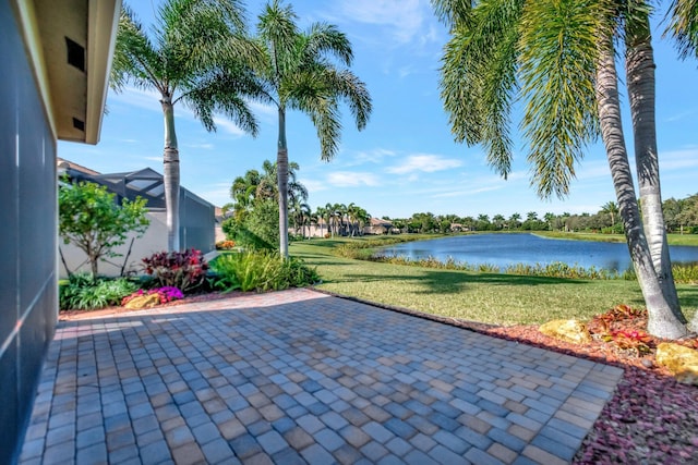 view of patio featuring a water view