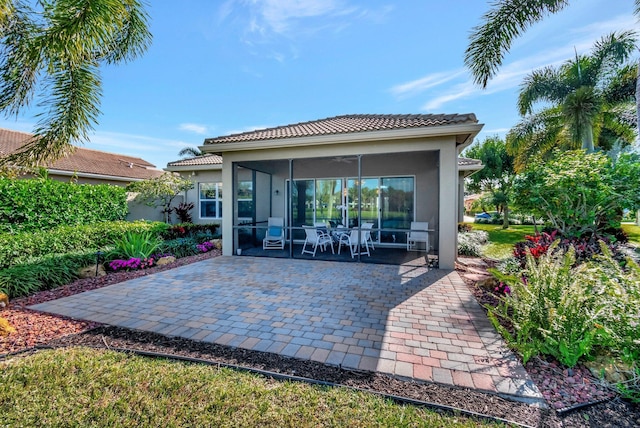 rear view of property featuring a patio, ceiling fan, and a sunroom