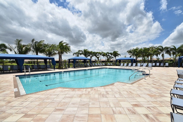 view of pool featuring a gazebo and a patio