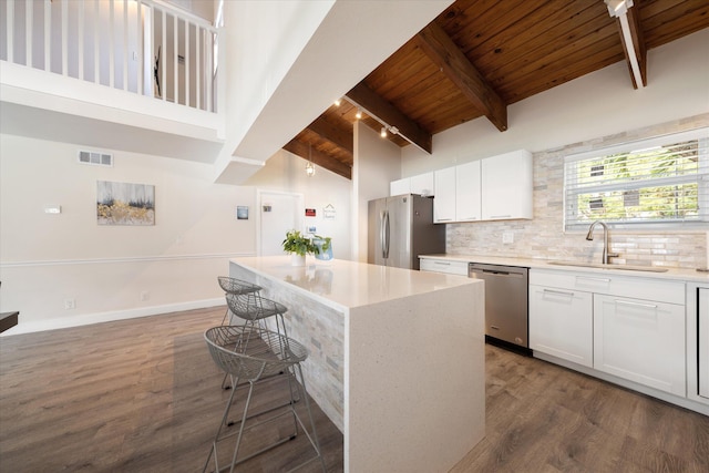 kitchen with white cabinets, wooden ceiling, a breakfast bar area, a kitchen island, and appliances with stainless steel finishes