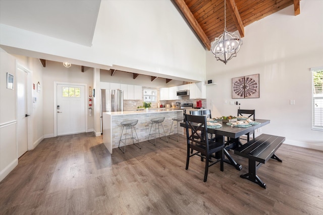 dining room featuring wooden ceiling, a chandelier, beamed ceiling, a healthy amount of sunlight, and hardwood / wood-style flooring