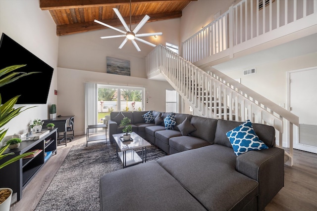 living room featuring high vaulted ceiling, hardwood / wood-style floors, wood ceiling, and beam ceiling